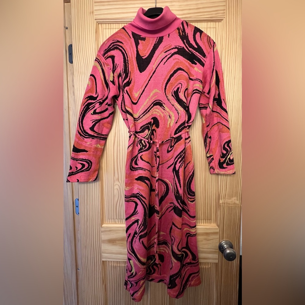 Zara Pink & Black Belted Jacquard Knit Turtleneck Midi Dress, size Medium.